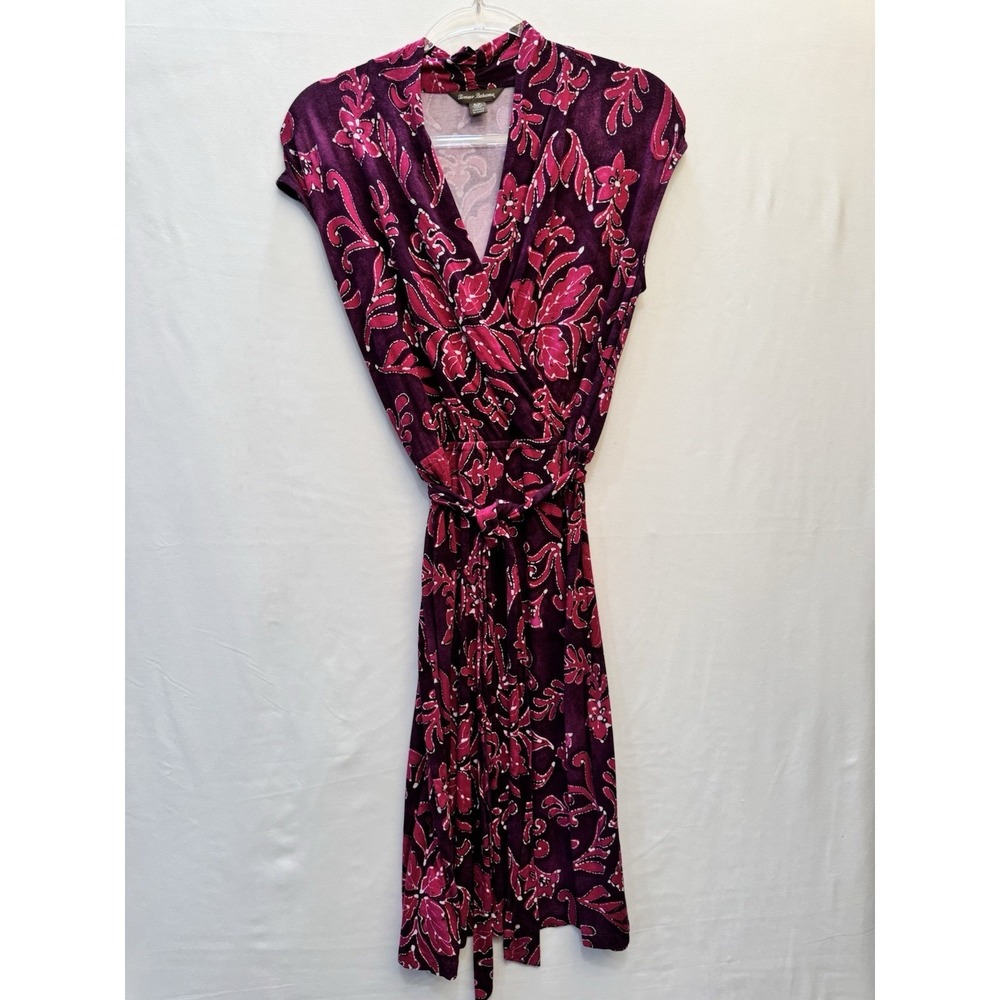 Tommy Bahama Women's Sz S Indigo Flora Tambour Faux-Wrap Dress Fuchia Floral EUC